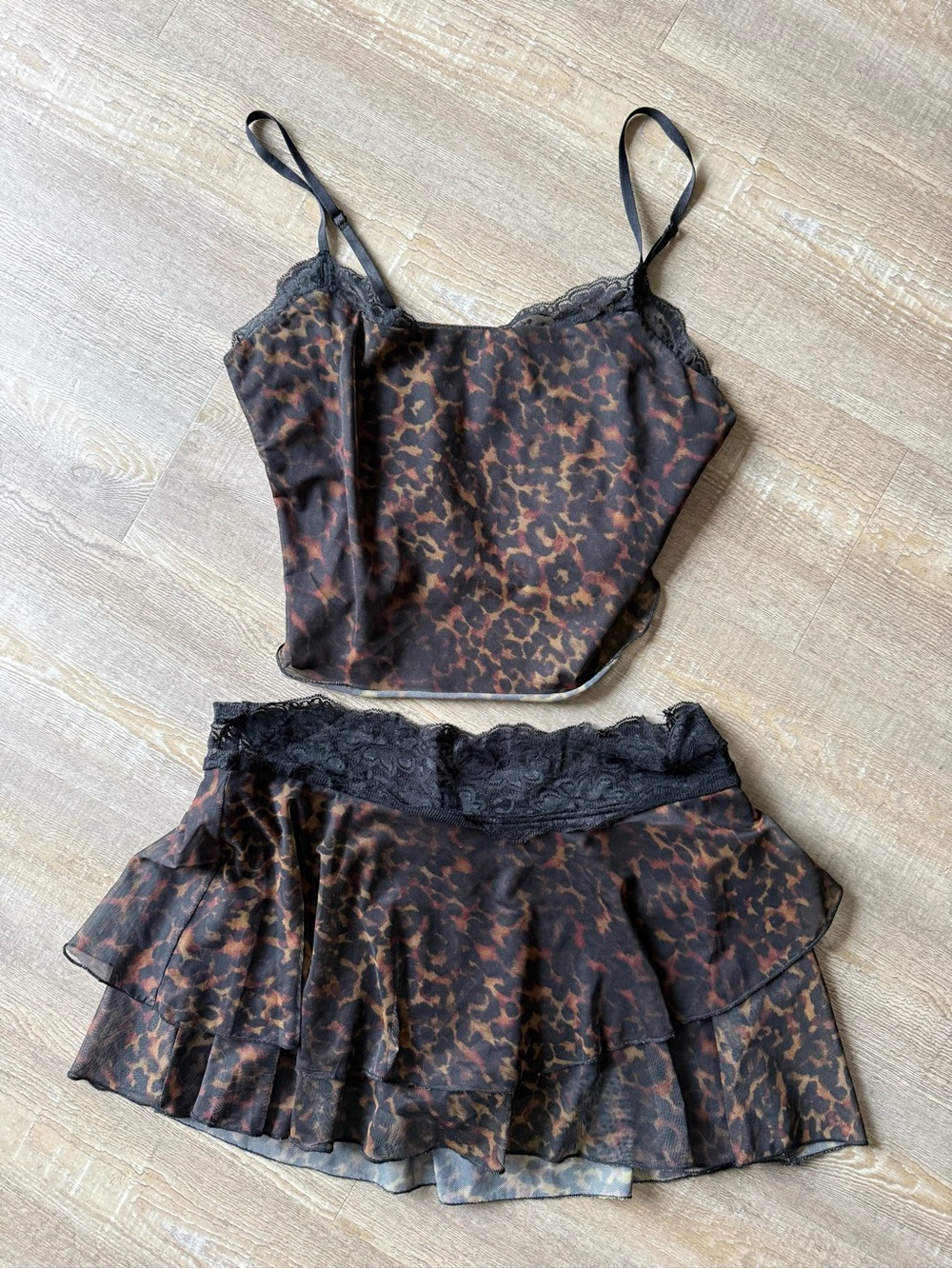 Urban Outfitters Leopard Lace Cami and Ruffled Mini Skirt Set